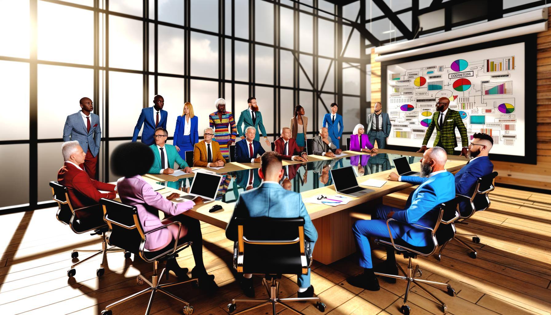 In the image, a group of works council members, each of different descents, are positioned confidently around a sizable conference table housed within